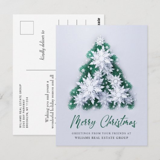 Kerstboom met sneeuwvlokken Zakelijke Groet Briefkaart (Voorkant / Achterkant)
