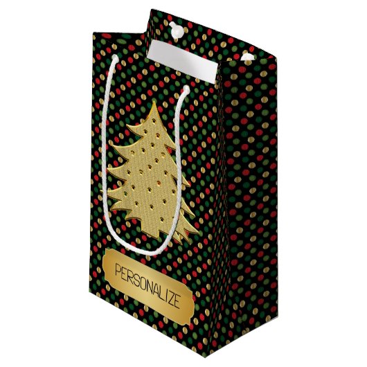 Kerstboom met stippelachtergrond klein cadeauzakje (Voorkant Gekanteld)
