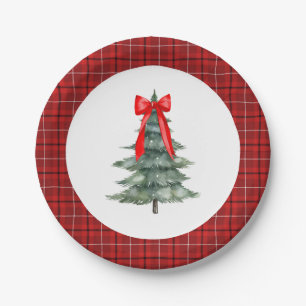 Kerstboom met strik en plaid papieren bordje