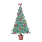 kerstboom met versiering van rode bogen en met kun kerstboom rok