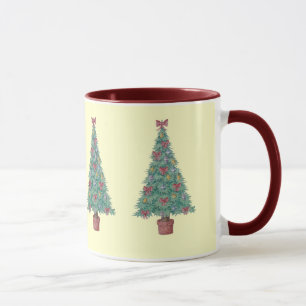 kerstboom met versiering van rode bogen en met kun mok