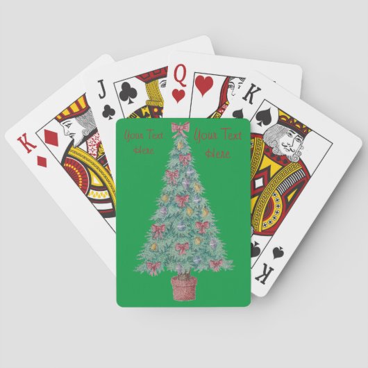 kerstboom met versiering van rode bogen en met kun pokerkaarten (Achterkant)