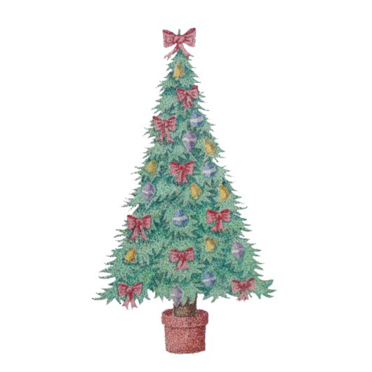 kerstboom met versiering van rode bogen en met kun rok