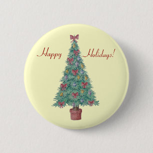 kerstboom met versiering van rode bogen en met kun ronde button 5,7 cm