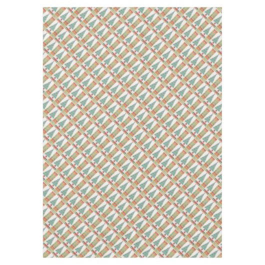 kerstboom met versiering van rode bogen en met kun tafelkleed (Voorkant)