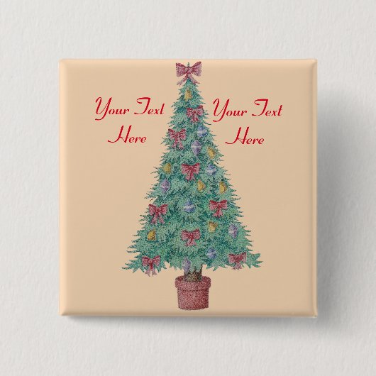 kerstboom met versiering van rode bogen en met kun vierkante button 5,1 cm (Voorkant)
