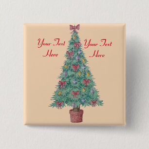 kerstboom met versiering van rode bogen en met kun vierkante button 5,1 cm
