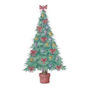 kerstboom met versiering van rode bogen stropdas