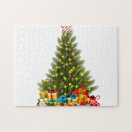 kerstboom met versieringen en cadeaudozen legpuzzel (Horizontaal)