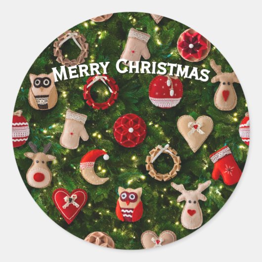 Kerstboom met vilt speelgoed ronde sticker (Voorkant)