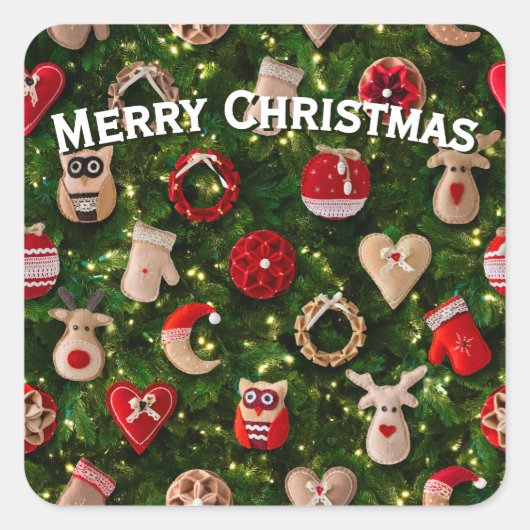 Kerstboom met vilt speelgoed vierkante sticker (Voorkant)