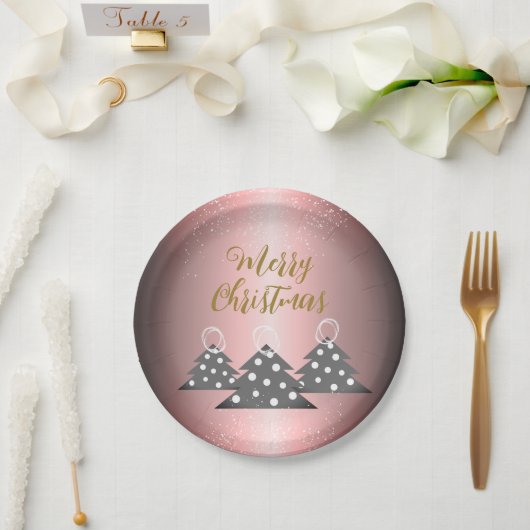 Kerstboom Metallic Pink Script Holiday Party Papieren Bordje (Huwelijk)