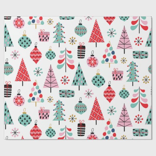 Kerstboom. Modern blauw, rood en roze patroon Cadeaupapier (Vlak)