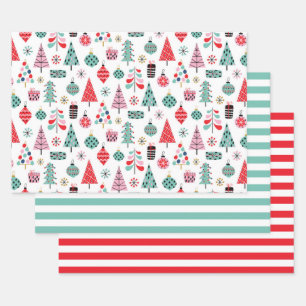 Kerstboom. Modern blauw, rood en roze patroon Inpakpapier Vel