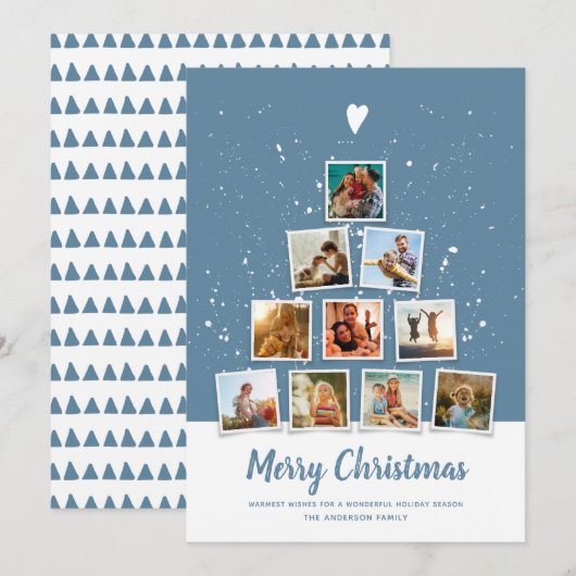 Kerstboom Moderne familie foto Collage Blue Feestdagenkaart (Voorkant / Achterkant)