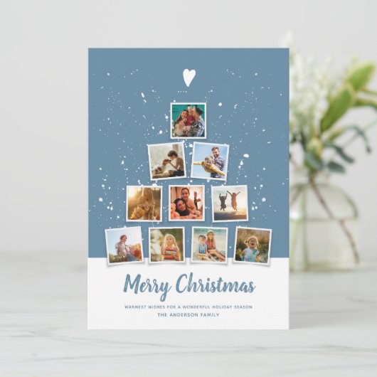 Kerstboom Moderne familie foto Collage Blue Feestdagenkaart (Staand voorkant)