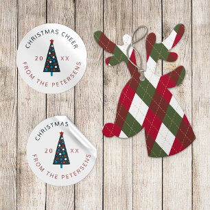 Kerstboom moderne familienaam rood en marineslag ronde sticker