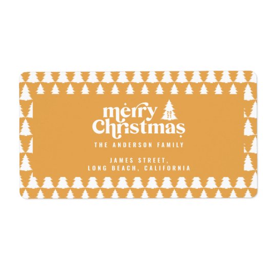 Kerstboom moderne feestdag eenvoudige mosterd etiket (Voorkant)