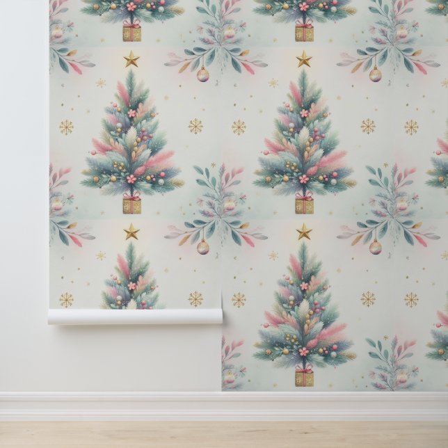 Kerstboom Moderne Stijl Roze en Blauw Behang (Applicatie)