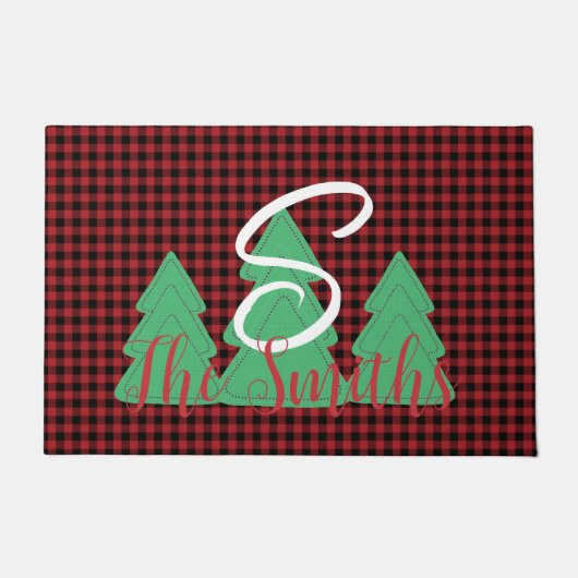 Kerstboom Monogram Rood Zwart Buffel Plaid Deurmat (Voorkant)