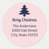 Kerstboom Navy Blauw Bord Roze Retour Adres Ronde Sticker (Voorkant)