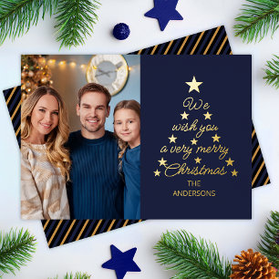 Kerstboom Navyblauw Gouden Sterren Familie Foto Folie Feestdagenkaart