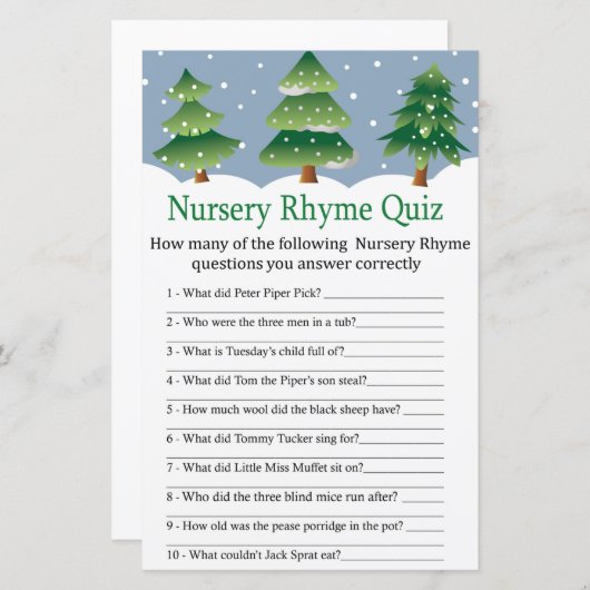 Kerstboom Nursery Rhyme Quiz baby shower game (Voorkant / Achterkant)