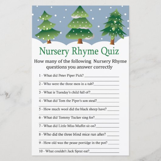 Kerstboom Nursery Rhyme Quiz baby shower game (Voorkant)