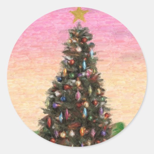 kerstboom : Olieverf Ronde Sticker (Voorkant)