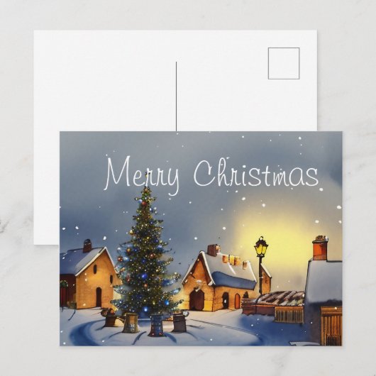 Kerstboom omringd door huizen in het dorp feestdagenkaart (Voorkant / Achterkant)