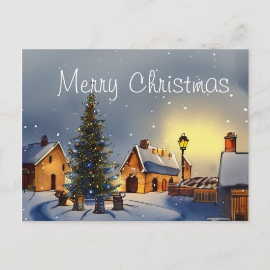 Kerstboom omringd door huizen in het dorp feestdagenkaart (Voorkant)