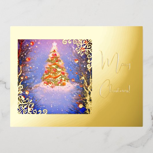 Kerstboom onder de sneeuw met goud folie feestdagen briefkaart (Voorkant)