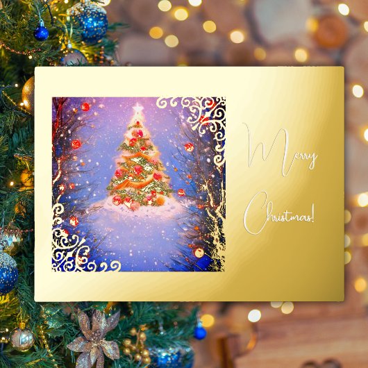 Kerstboom onder de sneeuw met goud folie feestdagen briefkaart