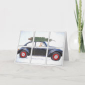 Kerstboom op auto met hond in sneeuwraam kaart (Voorkant)