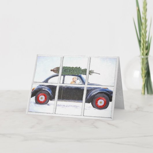 Kerstboom op auto met hond in sneeuwraam kaart (Voorkant)