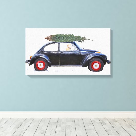Kerstboom op auto met rekwisiet canvas afdruk (Insitu (Houten vloer))
