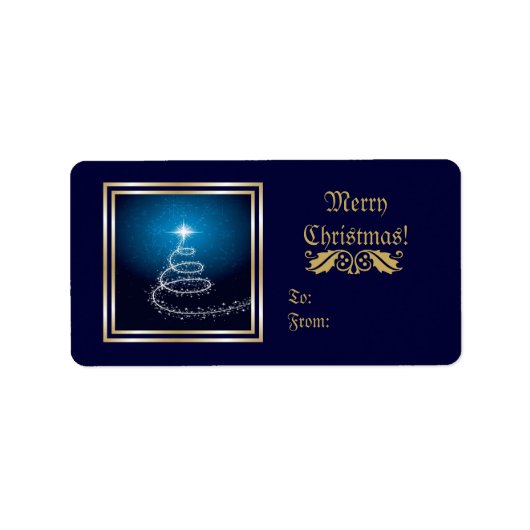 Kerstboom op blauw etiket met gloed (Voorkant)