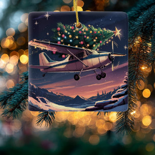Kerstboom op Cessna-vliegtuig Foto Grappig Keramisch Ornament
