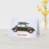Kerstboom op de retro-auto in sneeuwvlokken kaart (Gele Bloem)