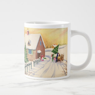Kerstboom op een besneeuwde winterweg grote koffiekop