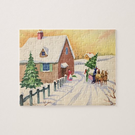 Kerstboom op een besneeuwde winterweg legpuzzel (Horizontaal)