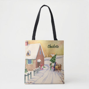 Kerstboom op een besneeuwde winterweg tote bag