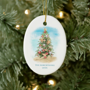 Kerstboom op het strand foto keramisch ornament