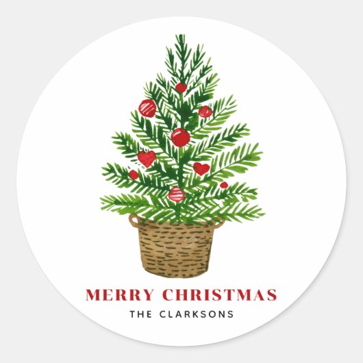 Kerstboom op Rieten Mand Kerstmis Ronde Sticker (Voorkant)