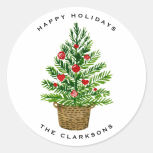 Kerstboom op Rieten Mand Vrolijk Kerstfeest Ronde Sticker