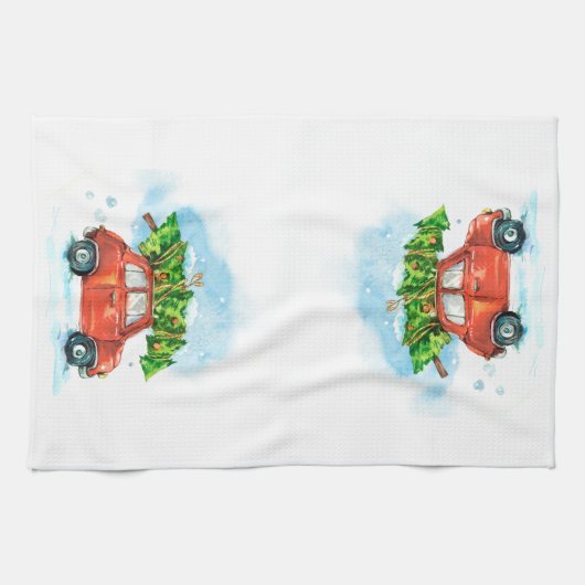 Kerstboom op rode auto iconische retro gerecht Kit Theedoek (Horizontaal)