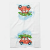 Kerstboom op rode auto iconische retro gerecht Kit Theedoek (Verticaal)
