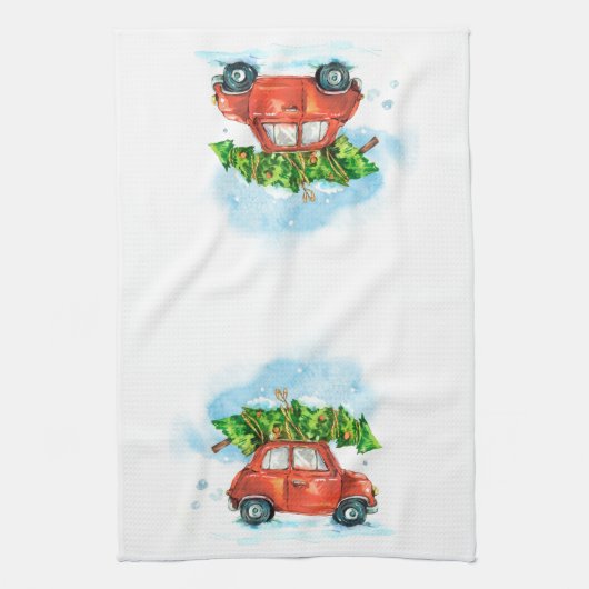 Kerstboom op rode auto iconische retro gerecht Kit Theedoek (Verticaal)