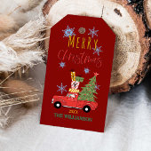 Kerstboom op rode auto vrachtwagen  cadeaulabel