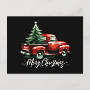 Kerstboom op rode vrachtwagen Vintage familie M Feestdagenkaart
